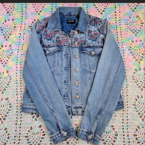 Blue Denim Jacket with Floral Accents